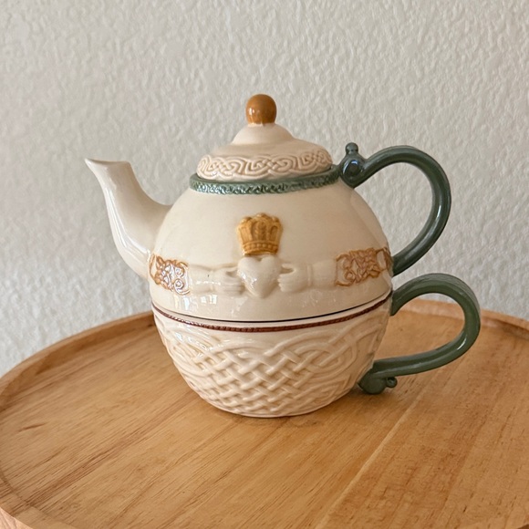 Other - Charming Cream Teapot with Green Accents